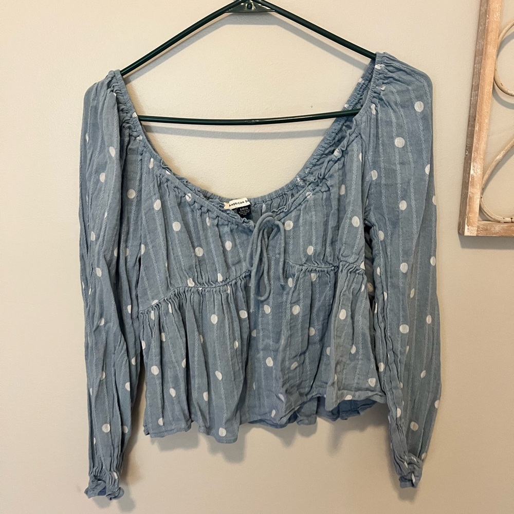 American Eagle Outfitters Light Blue Polka Dot Blouse